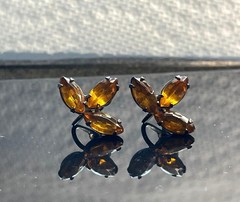 Vintage 1950s Amber Topaz Glass Marquise Cluster Statement Earrings