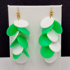 Green and White Multiple Plastic Disc Wiggly Dangle Vintage 80s Pierced Earrings