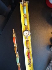 Vtg Multi Stone Inlay Panel Watch (works) Bracelet Set Chinese Symbol Good Luck