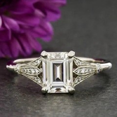 Art Deco Style Emerald Cut Lab Created Diamond Engagement Ring 14K White Gold FN