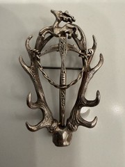 Vintage German Jäger Hunting Brooch Stag Antlers Hirschfänger Sword Silver Tone