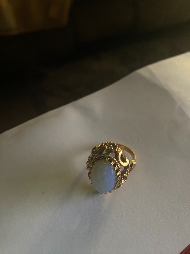 Vintage 18K Signed H.G.E. Victorian Style Faux Fire Opal Solitaire Band Ring 7