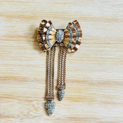 VTG CRC Charles Reis Bow Pin Brooch Rhinestone 12K Gold Filled Tassel Art Deco