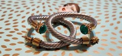 NOS! Cable Classic Style Twotone Earrings Rhinestones & Green cabochon Glass