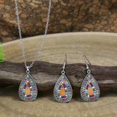 BOHEMIAN STYLE MULTI COLOR TEARDROP SHAPED NECKLACE & EARRING SET