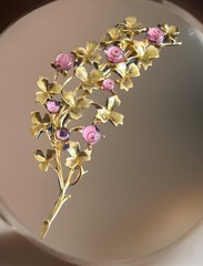 Trifari Floral 3.25″ Spray Brooch Pin GoldTone Pink Gripoix Cabochons GX30
