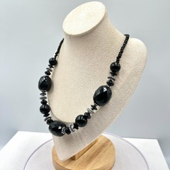Vintage Black Faceted Acrylic Bead Statement Necklace Silver Tone Accents Bold