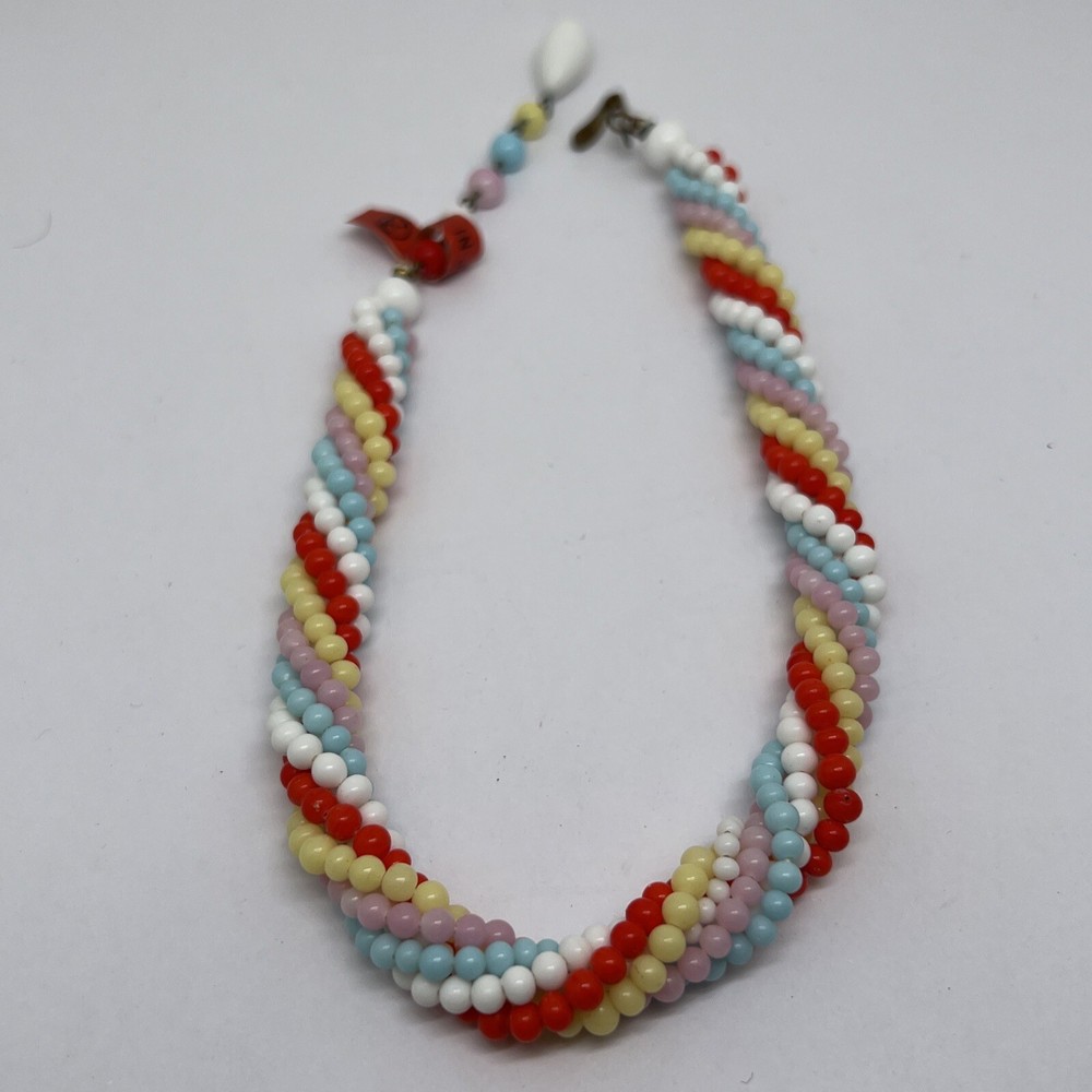 Vintage Japan Beaded 15” Necklace Red Blue Pink White Glass Beads 5908