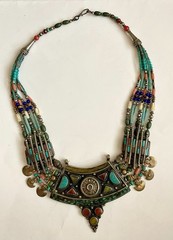 Vintage Tribal Necklace Turquoise Coral Inlay Ethnic Boho Statement Nepalese