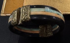 Vintage MCM Lucite Hinged Bangle Bracelet Black Turquoise Stripe Retro Mod