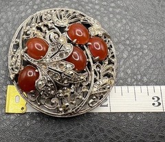 Vintage Art Deco Ornate Filigree Brooch Faux Carnelian Cabochon Silver Tone
