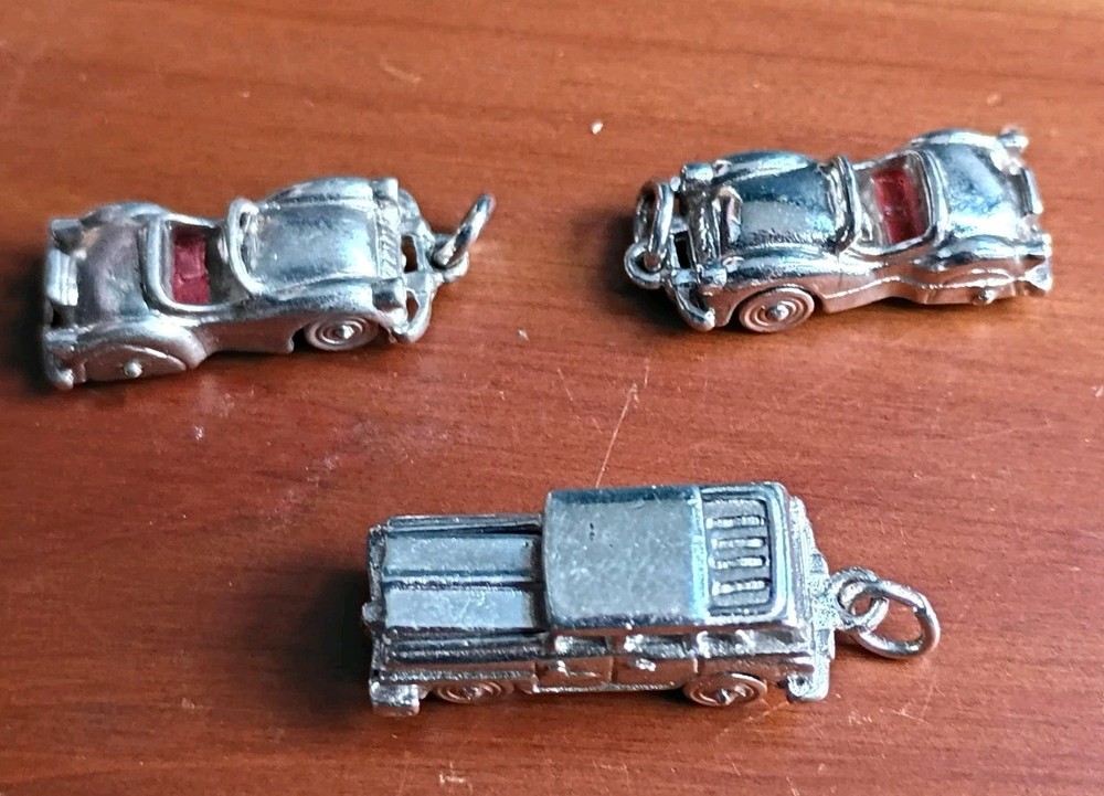 VTG MG SPORTS CAR (RED SEATS) (x2) & Station Wagon ~ .925 STERLING SILVER CHARM