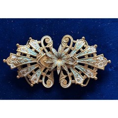 Vintage Filigree Art Noveau Belt Buckle Gold Toned Brass Enamel Detail 3.5″ x 2″
