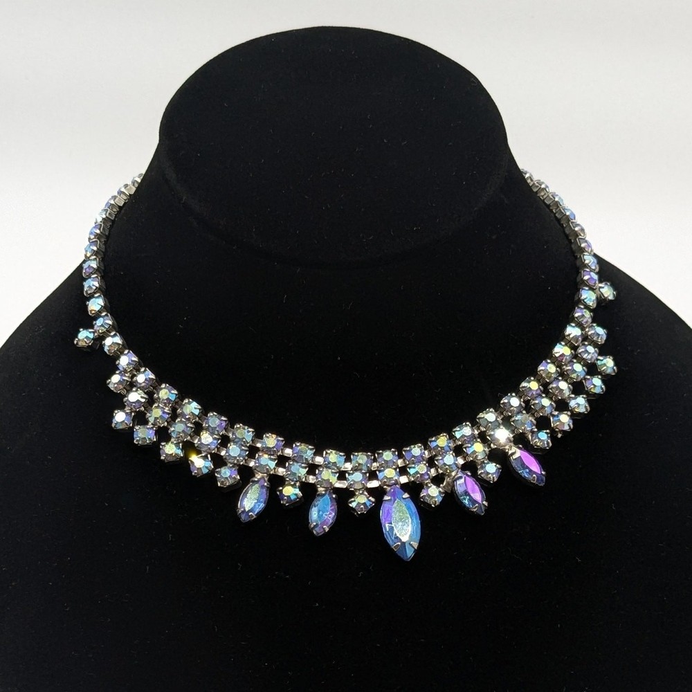 Vintage Blue AB Rhinestone Sparkly Crystal Choker Necklace Adjustable 15.5in