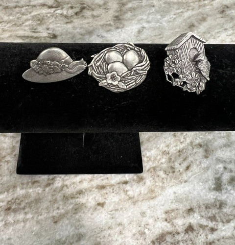 Birds And Blooms Pewter Brooch Pins Limited Edition Set Of 3 Vintage