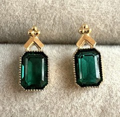 Vintage Dainty Rolled Yellow Gold Emerald Cut Green Pierced Post Earrings
