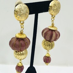 Melon Ball Beaded Earrings Clip On Dangle Drop Red Frosted Lucite Vintage 80s