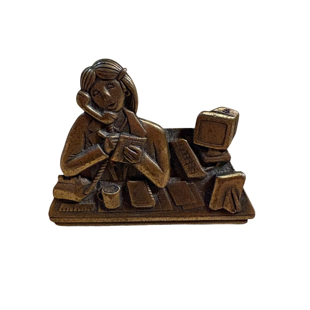 JJ Secretary Office Worker Brooch Pin Bronze Tone Vintage Figural Career