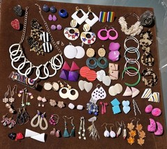 Wow Vintage 80’s & 90’s APX 60 Pairs of Earrings & More Lot Necklace/Bracelet