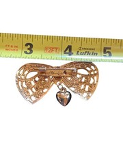 Gold-Tone Filigree Butterfly Brooch With Heart Charm 3.5 Inches Wide