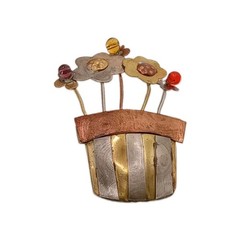 Vintage Mixed Metal Flower Pot Brooch Brass Copper Bead Artisan 3D Pin 2 1/4 in