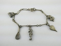 Vintage Unmarked Sterling Silver Paperclip Chain Bracelet with 5 Charms 6.75 In