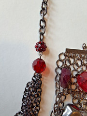 Vintage Multi Strand Tassel Necklace with Deep Red Acrylic Beads and Bracelet.
