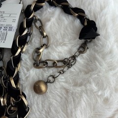 LANVIN Collection Necklace Pendant Gold Plated Black Ribbon Statement