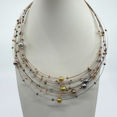 Multi Strand Wire Necklace Mixed Metallic Beads Statement Layered Jewelry Gift