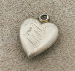 VICTORIAN VINTAGE STERLING PUFFY HEART CHARM – Plain with Inset Blue Bead& Engr.
