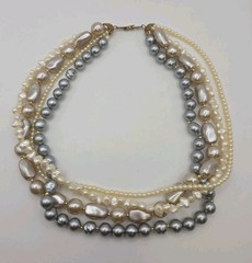 Vintage Faux Pearl Multistrand Round Baroque White Champagne Grey Statement 19.5