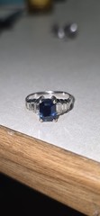 Vintage 18K White Gold Art Deco Sapphire Ring Emerald Cut Baguette Diamond Sz 6