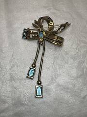 VTG Mazer Sterling Vermeil Aqua Rhinestone Ribbon Bow Dangle Brooch Pin