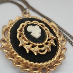 Oval Cameo Pendant Necklace Black White Profile Gold-Tone Filigree Frame