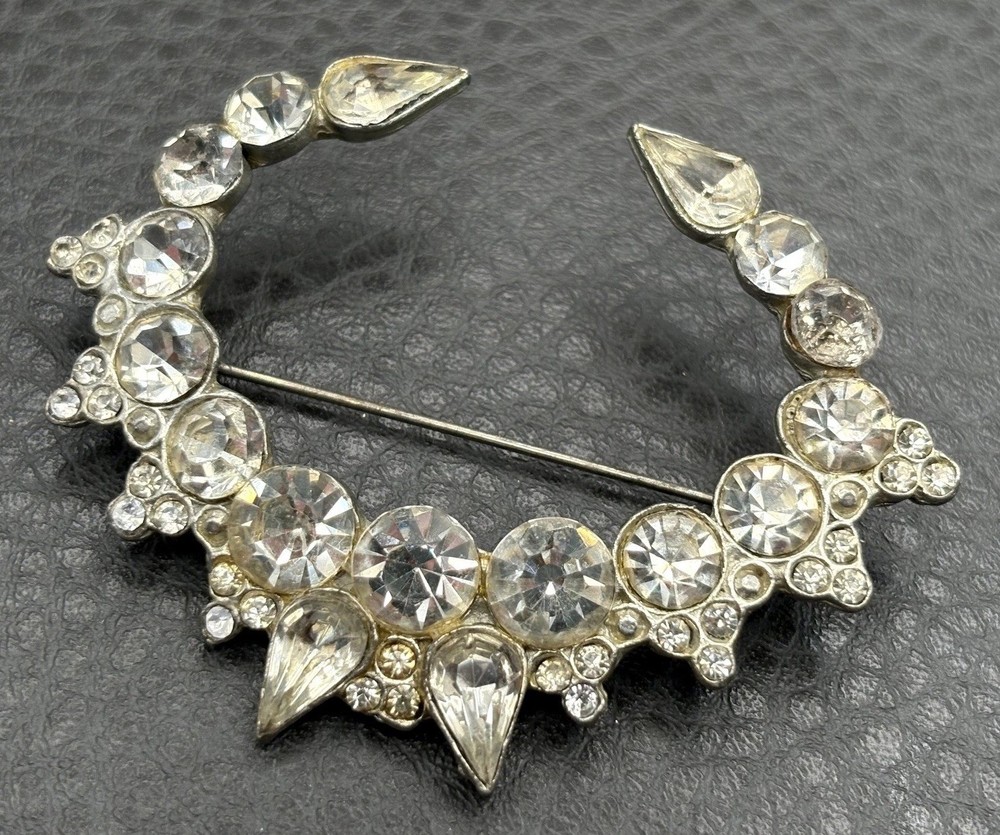 Vintage Unique Large 2.5” Pot Metal Art Deco Rhinestone Crescent Brooch Pin