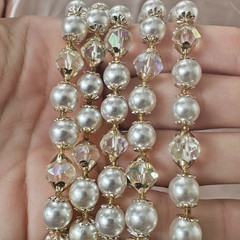 Vintage 56″ Long Faux Pearl AB Crystal Rope Necklace Gold Tone Aurora Borealis