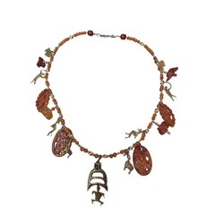 Brutalist Nancy NJ Young Kokopelli Tribal Carved Carnelian Bronze Charm Necklace
