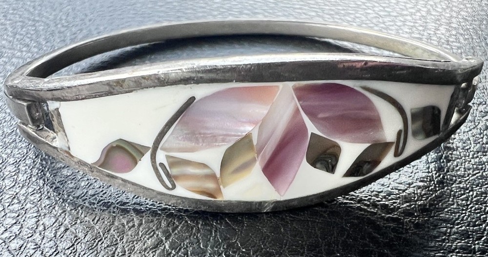 Vintage Silver Bracelet Alpaca Mexico White Floral Hinged Inlay Abalone
