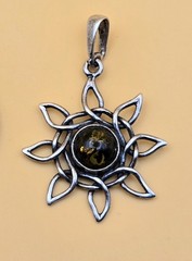 Vintage Sterling Silver 925 Amber Tiger’s Eye Sun Pendant 1″