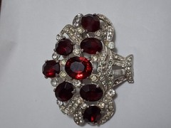 1930s red & clear rhinestone brooch, basket, flower bouquet, statement piece
