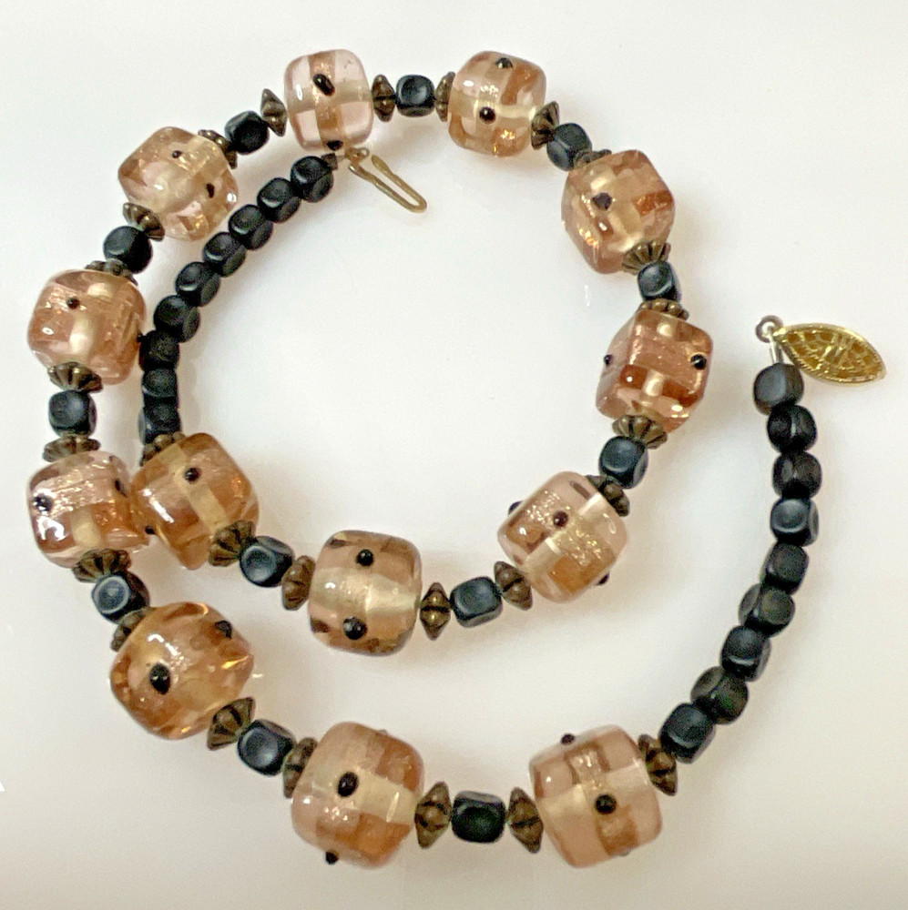 Vintage Art Glass Beaded Necklace Light Pink & Black Artisan Choker Length 14″