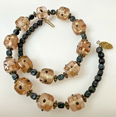 Vintage Art Glass Beaded Necklace Light Pink & Black Artisan Choker Length 14″