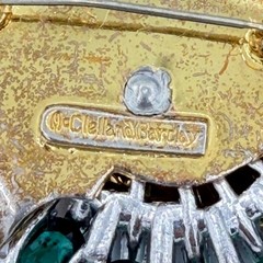 HTF Signed 1940s McClelland Barclay Gold-Tone Green & Clear Rhinestone Pin
