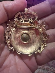 Vintage Gold Crown Laurel Wreath Brooch w Lg Faceted Glass Centerpiece #military