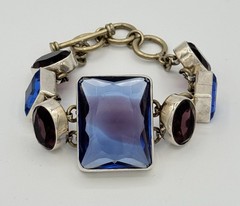 Vintage 925 Sterling Silver Faceted Glass Bracelet 91g Signed / Tested