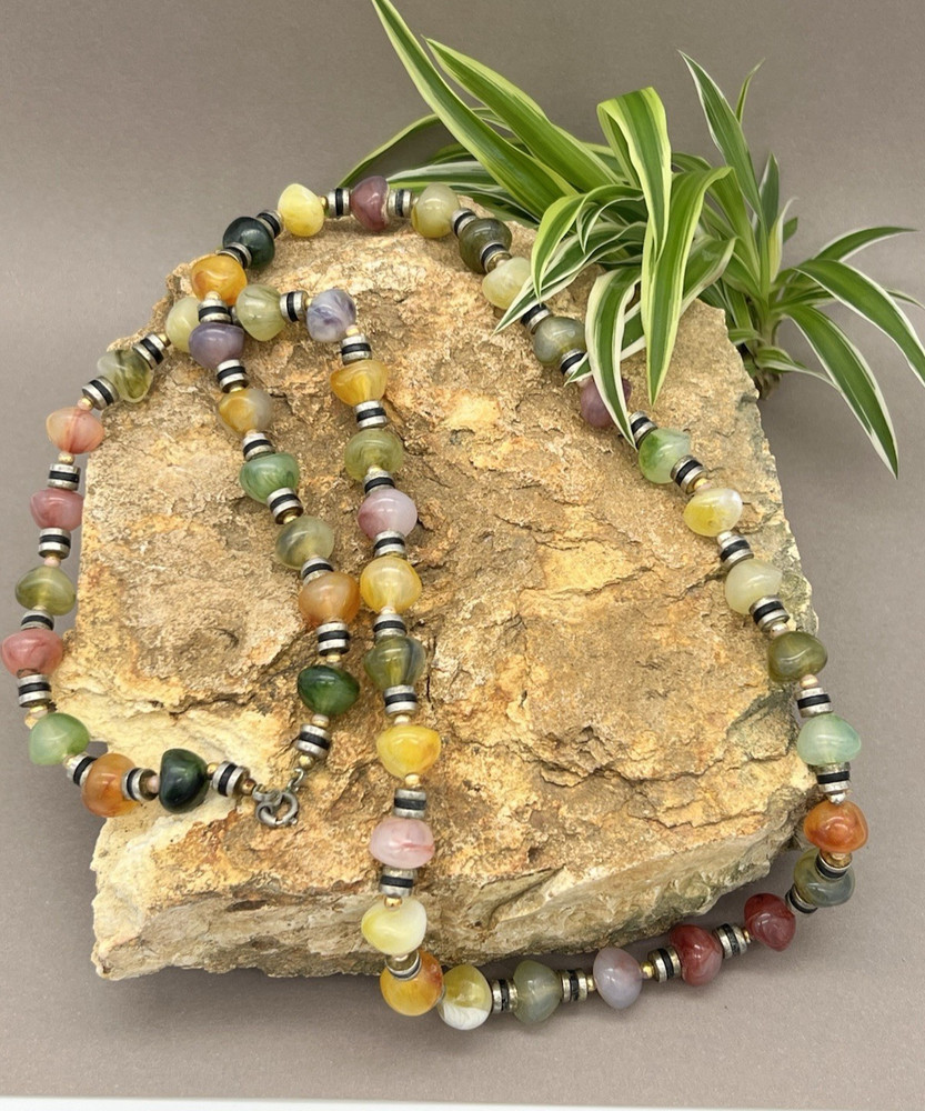 Vintage Boho Faux Stone Beaded Necklace Multicolor Plastic Beads
