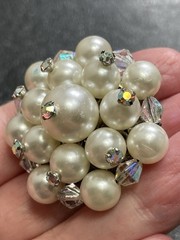 Vintage 1.5” Stacked Faux Pearl AB Crystal Rhinestone Flower Brooch Pin