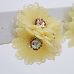 VTG Coro Cream Plastic Filigree Flower AB Rhinestone Clip On Earrings Costume