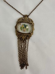 Vintage Art Deco Revival Brass Filigree Glass Flower Basket Tassel Necklace 16”