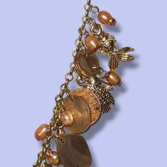 Gold Tone Fish Charm Necklace Pearl Shell Dangle Beach Boho 16″-18″